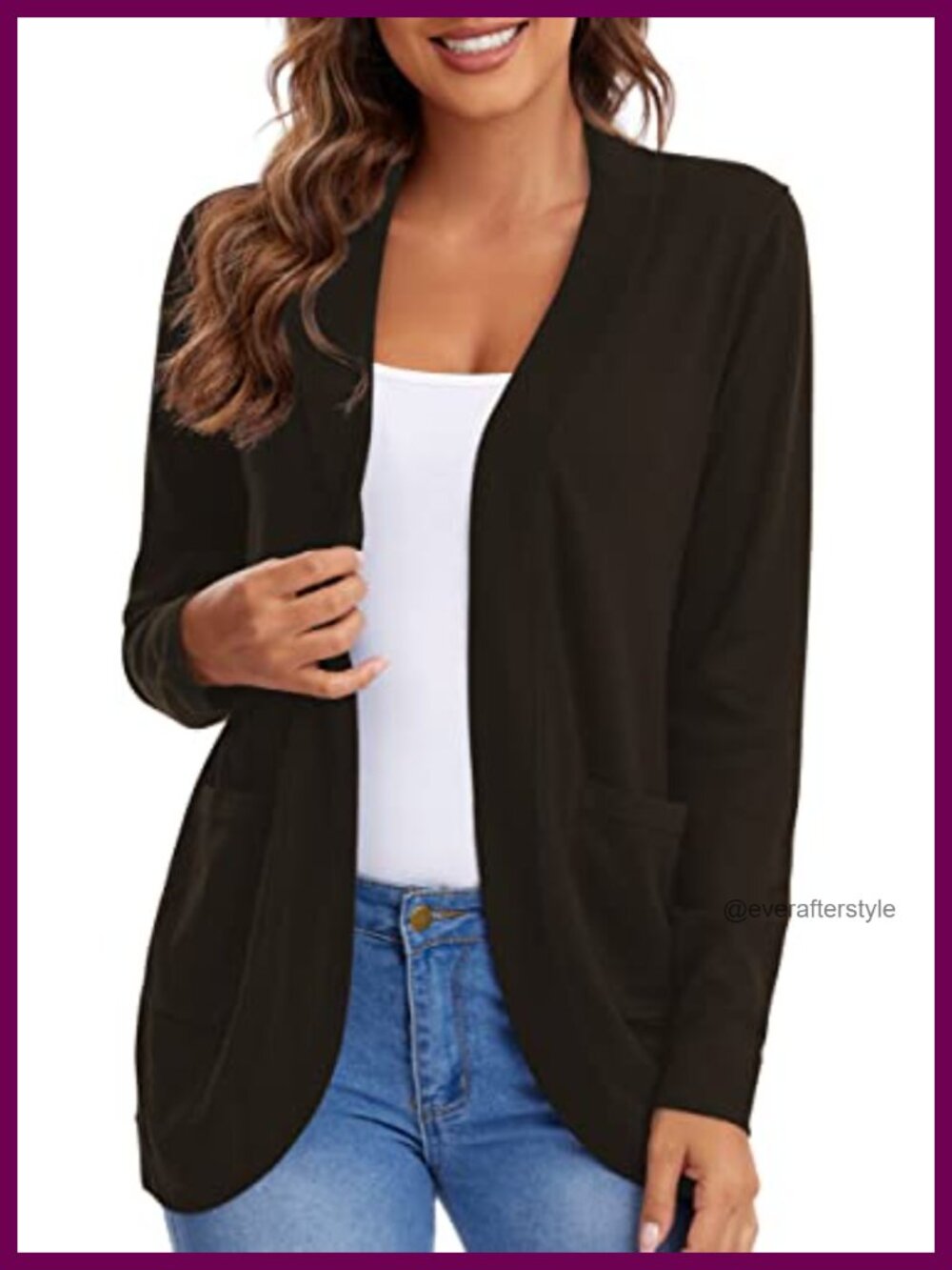 Open Front Knit Cardigan Curved Hem Pockets Lightweight Layer